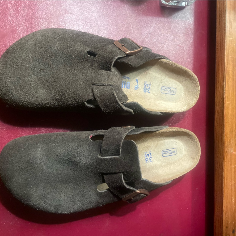 Birkenstock Dark Brown Suede Clogs with Buckle